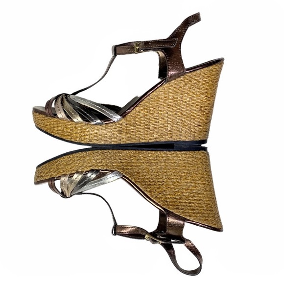 Montego Bay Club Metallic Gold, Bronze & Silver Strappy Wedge Sandals Size 9 - Picture 8 of 16